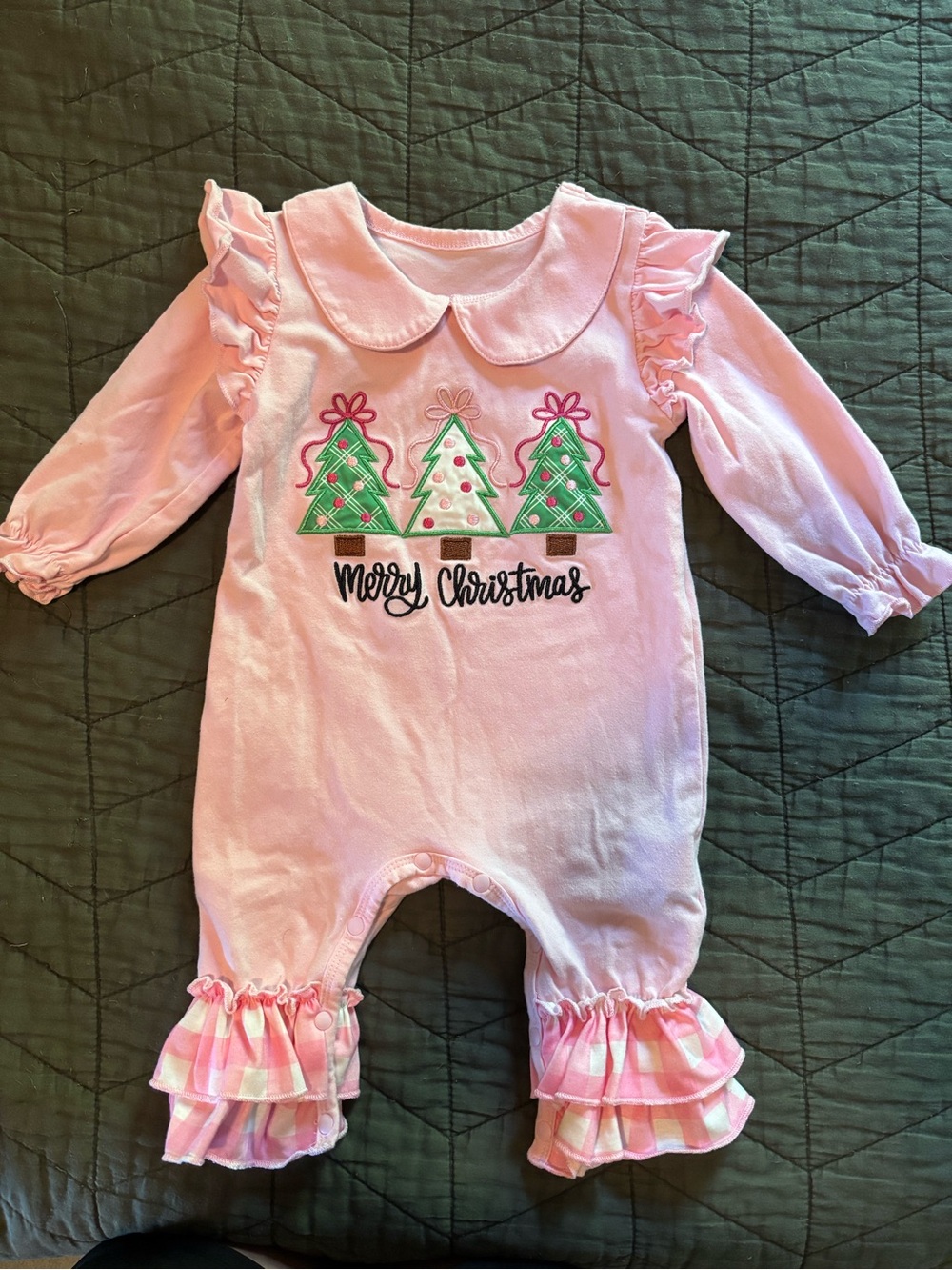 Girls Pink Merry Christmas Ruffle Collar One-Piece